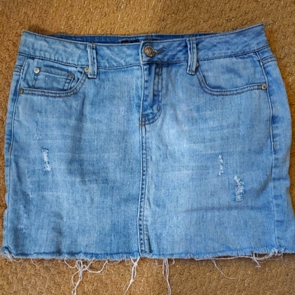 Emjean Light Blue Denim Distressed Jean Mini Skirt Small Frayed Hem Grunge